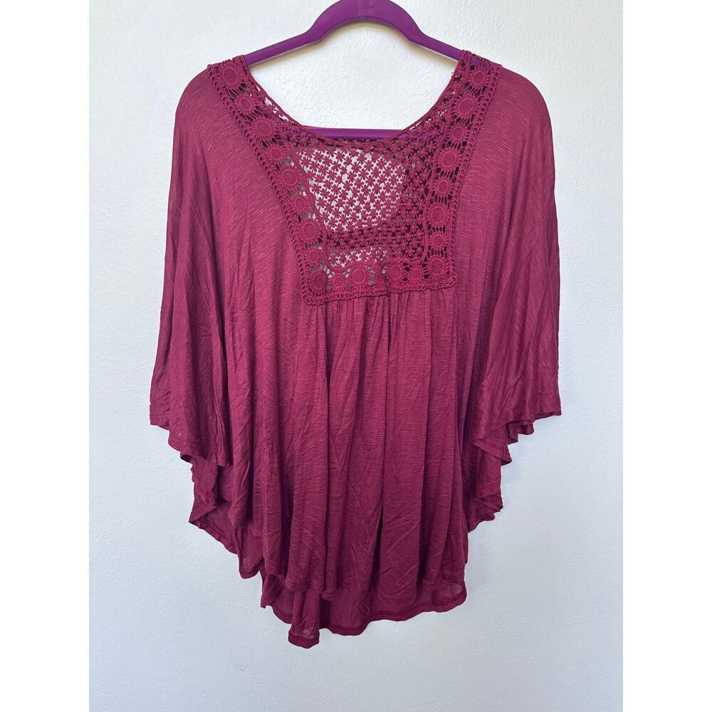 eVogues VTG Batwing Blouse Crochet Lace Burgundy Red Women's 1XL Fairy Boho
